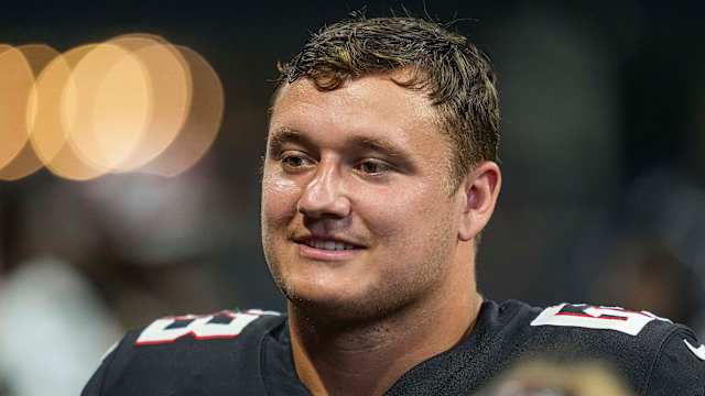 Aug 27, 2022; Atlanta, Georgia, USA; Atlanta Falcons guard Chris Lindstrom (63) on the bench against the Jacksonville Jaguars during the second half at Mercedes-Benz Stadium.